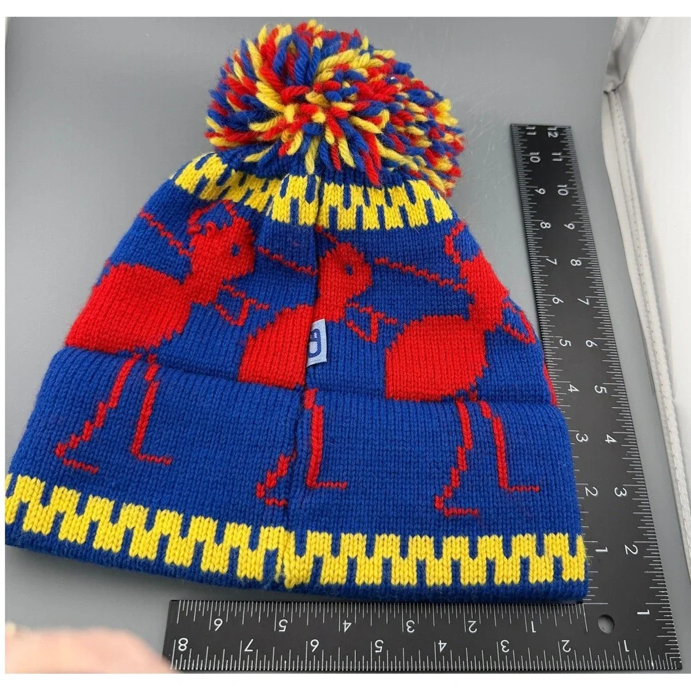 Vintage Beanie Ski Hat 100% Wool Knit Pom Pom Blue Red Yellow Winter Cap